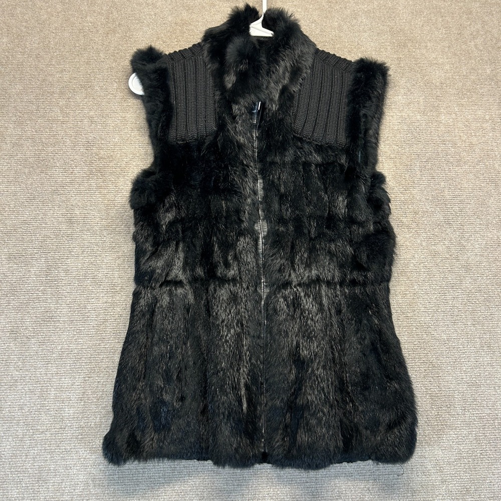 Linda Richards Luxury Reversible Vest Women's M Black Rabbit Fur Ruched Flaw
